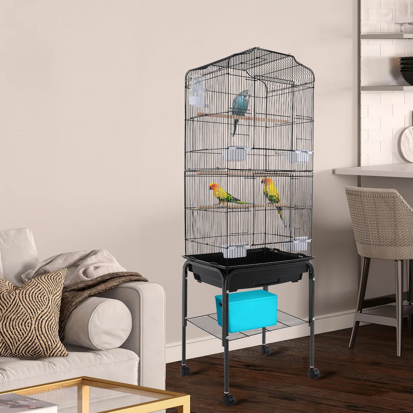 Large Bird Cage with Stand & Wheels, 47x37x137cm Flight Cage for Cockatiels Parrots Finches with Lockable Door (White/Black))