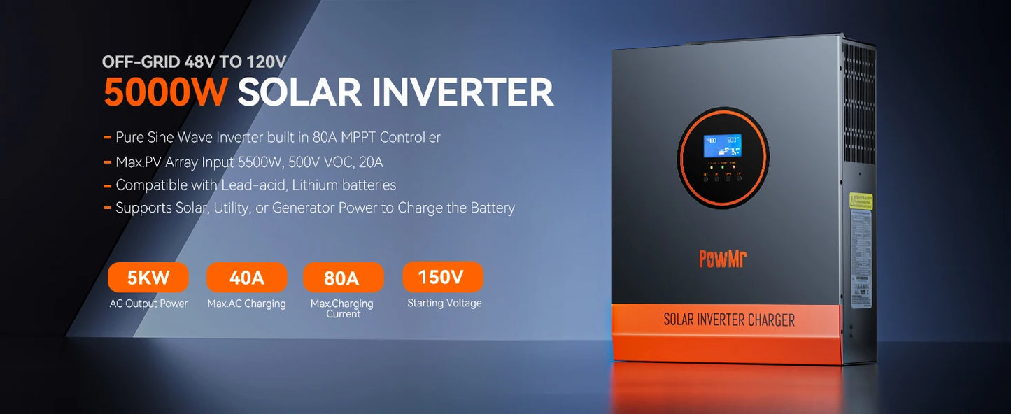 5KW Single Phase 120V 110V AC Off-Grid 48V All In One Hybrid Inversor Built 80A/100A MPPT Solar Charger Controller Fit for Home