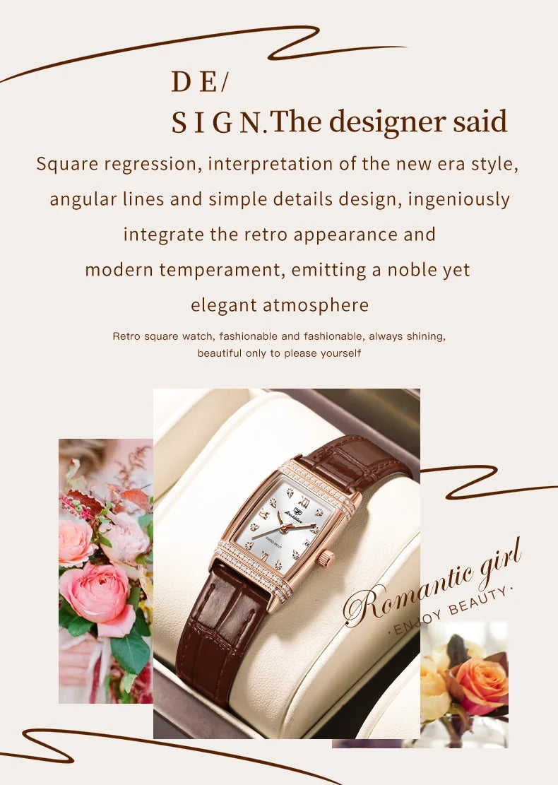 JSDUN Woman Watch Luxury Diamond Dial Comfortable Leather Watchband Fashion Square Rose Gold Quartz Wristwatches Montre Femme