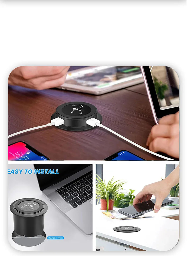 Universal Fast Wireless Charger Desktop Embedded Supports PD30W And USB Wired Charging 5V 3A Furniture Opening Desk Hole HUB
