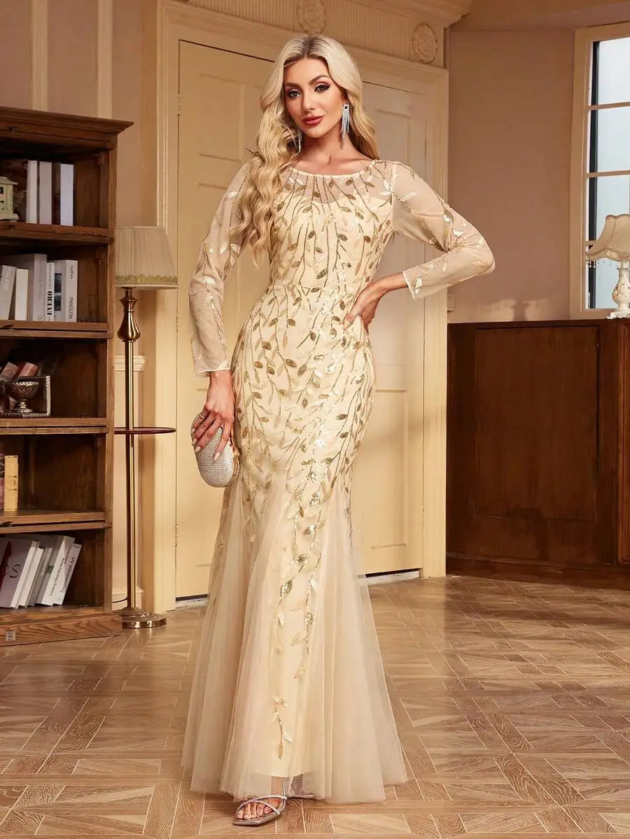 Elegant Gold Sequin Embroidered Mesh Mermaid Evening Dress for Prom Wedding Guest