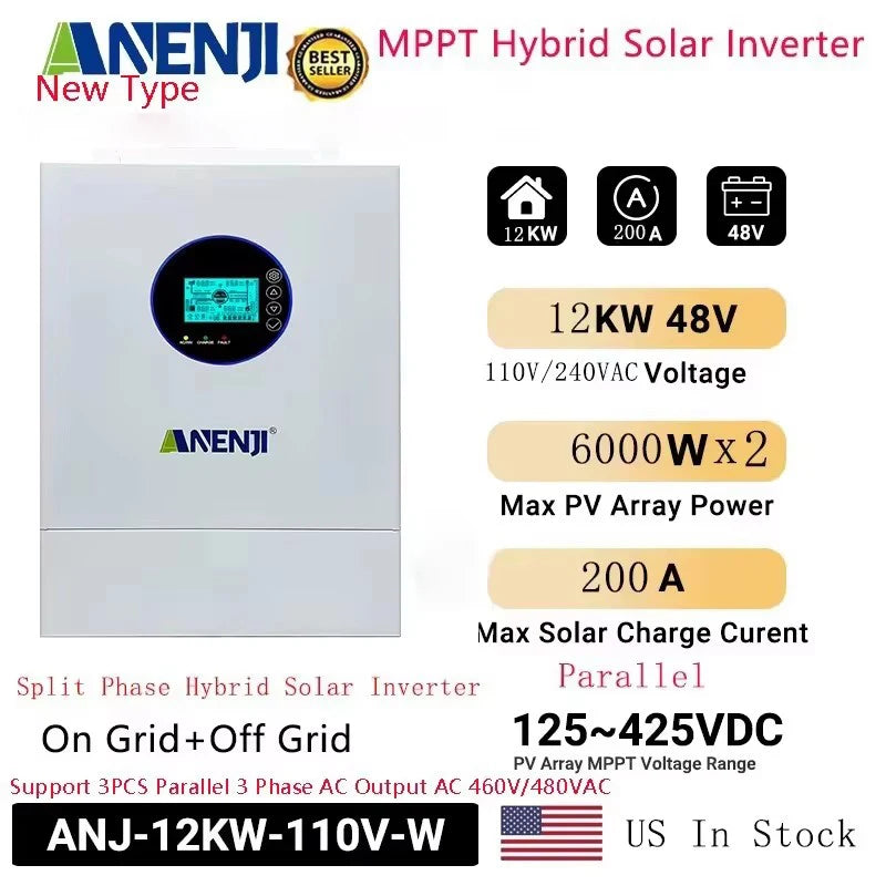 ANENJI Split Phase 12KW 48V Hybrid Solar Inverter 120V 220V Parallel Inverter Pure Sine On Grid MPPT 200A Solar Charger PV 500V