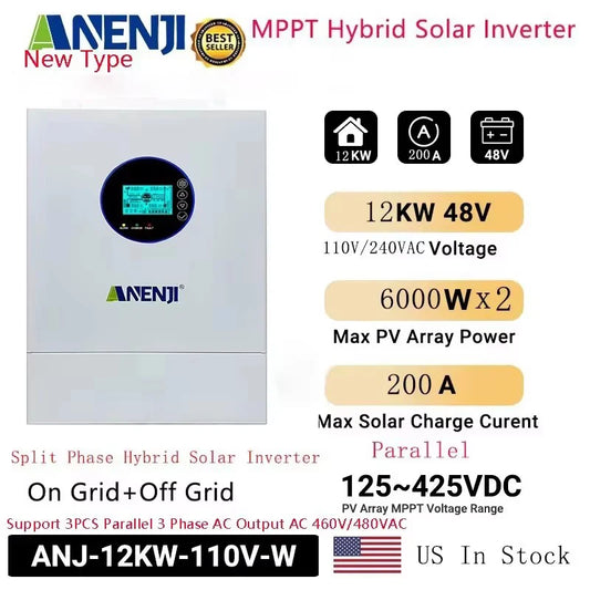 ANENJI Split Phase 12KW 48V Hybrid Solar Inverter 120V 220V Parallel Inverter Pure Sine On Grid MPPT 200A Solar Charger PV 500V