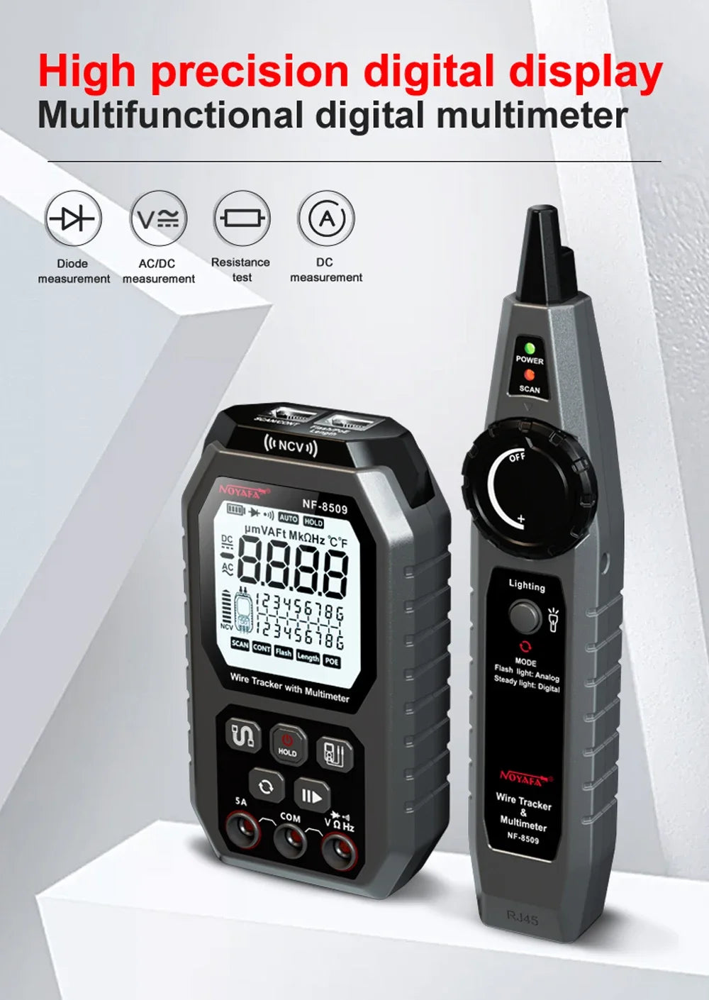 NOYAFA NF-8509 2 in 1 Network Cable Tester Detect Length Digital Multimeter Cable Tracker Cat5 Cat6 PoE Tester Continuity Test
