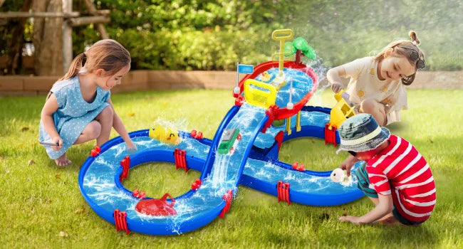 VATOS Summer Outdoor Kids Water Table 2-Tier Toddlers Water Table Playset Pool Waterway Toy with Pump Outside Activity Kids Fun