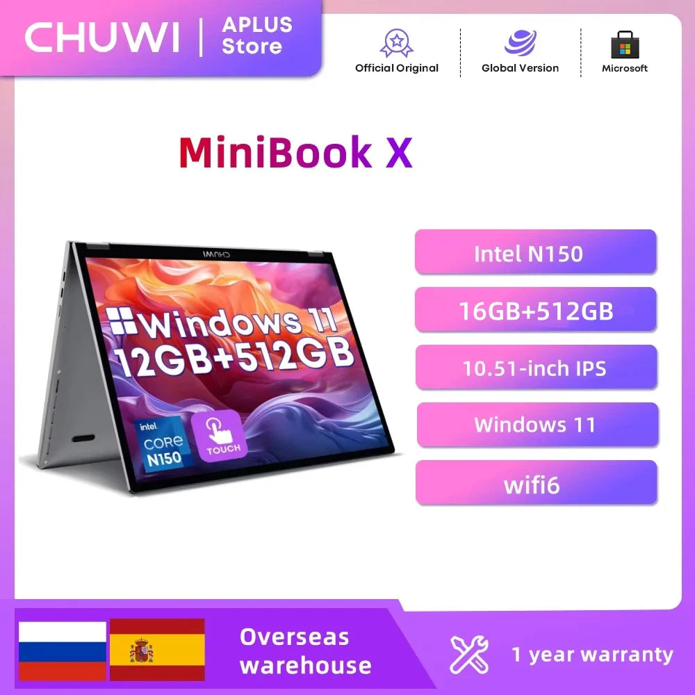 CHUWI MiniBook X 2-in-1 Laptop Intel N150(up to 3.6GHz) 512GB ROM 16GB LPDDR5 10.51" 2K FHD IPS Windows 11 Touch Screen Laptop