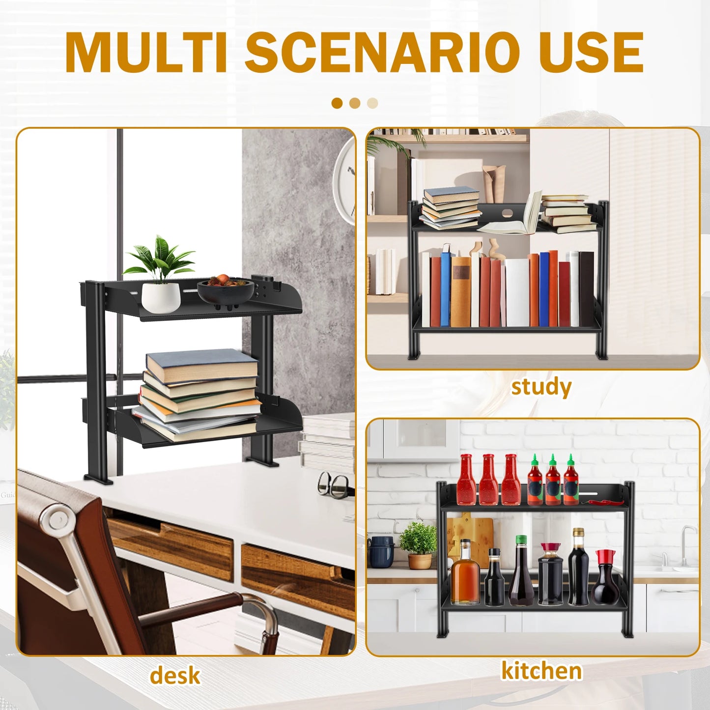 2 Tiers Clamp-on Desk Shelf No Drill Desk Organizer Rack Space Saving Adjustable Metal Computer Desktop Clamp High Load-Bearing
