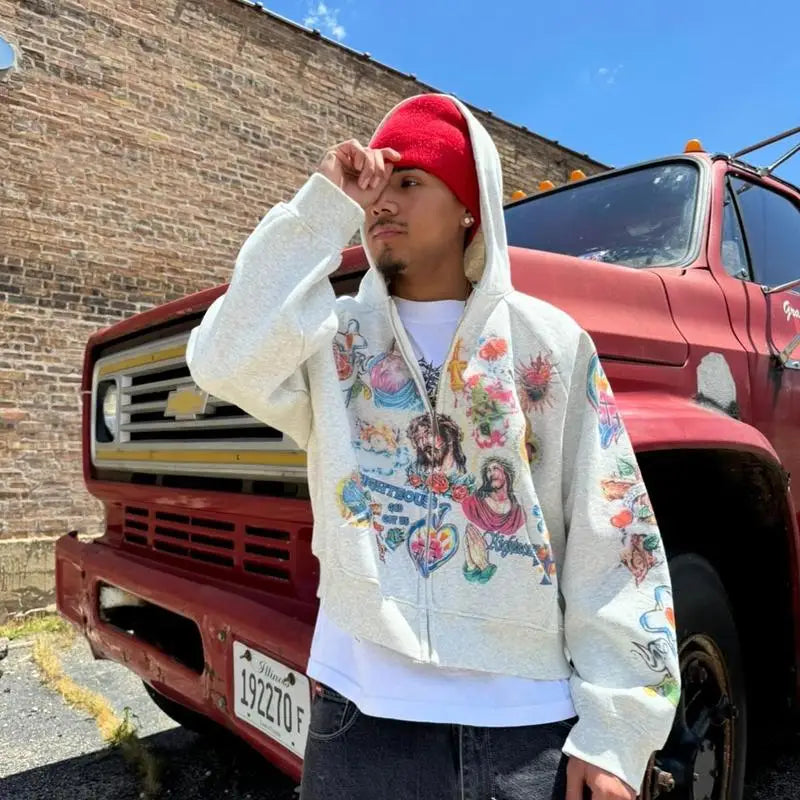 Jesus Y2K Hoodie Jesus Print Hoodie Gothic Harajuku Jacket