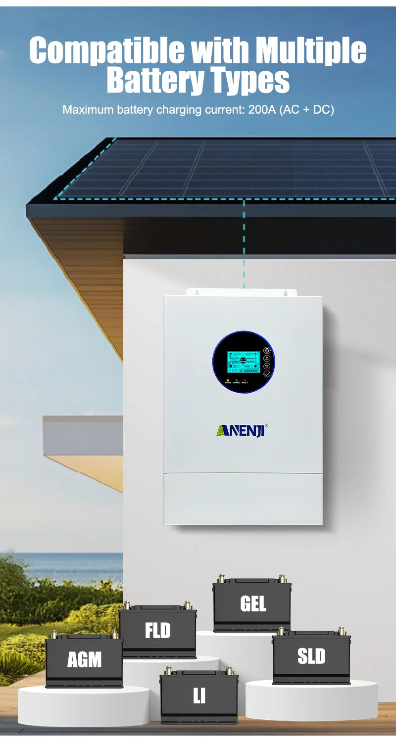 ANENJI Split Phase 12KW 48V Hybrid Solar Inverter 120V 220V Parallel Inverter Pure Sine On Grid MPPT 200A Solar Charger PV 500V