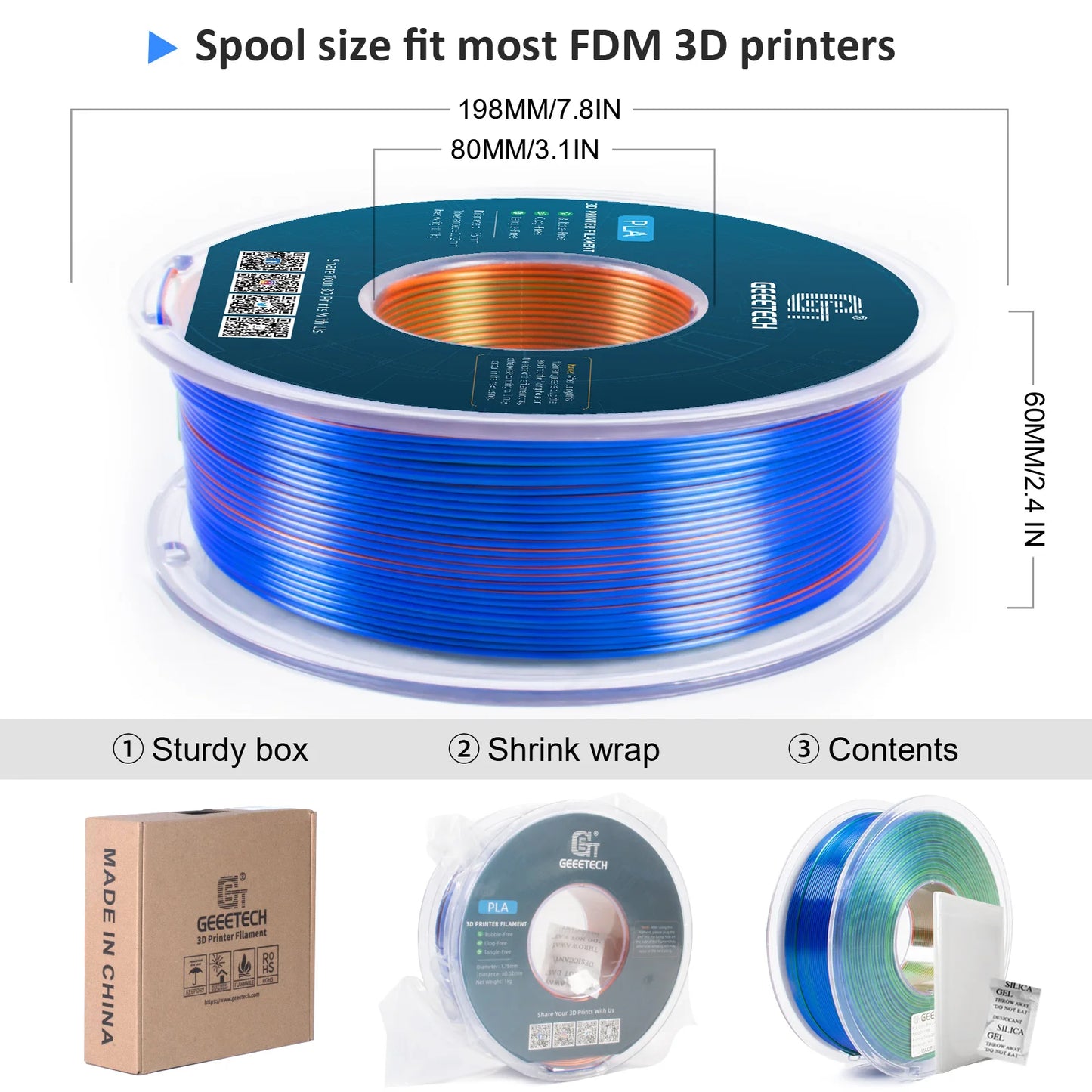 Geeetech 5Kg Three Tri Color Silk PLA Filament , 3D Filament 1,75 mm Spool Wire  (+/-0.03mm) Vacuum packaging, special color