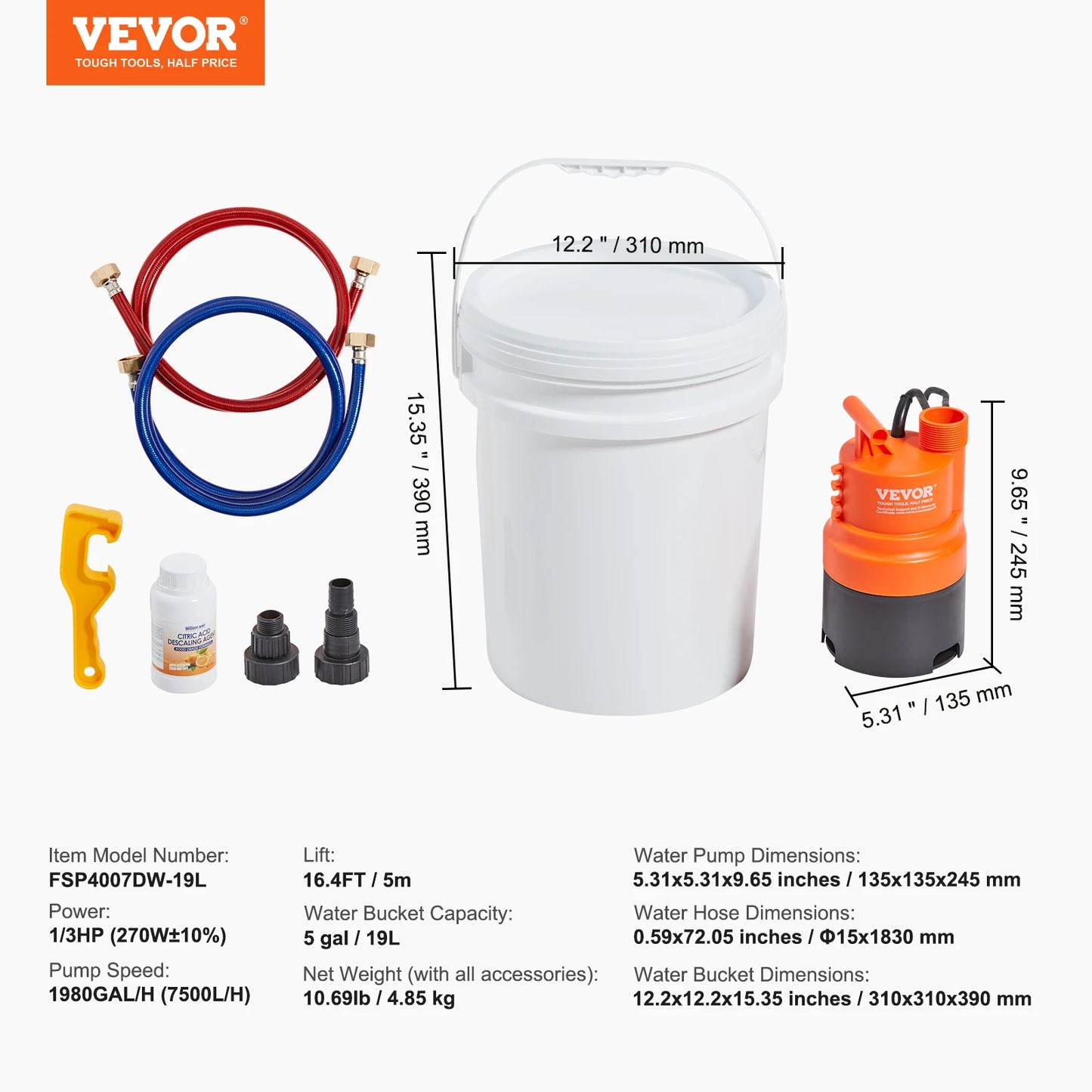 SucceBuy Tankless Water Heater Flushing Kit Includes Efficient Pump & 5 Gallon Pail & 2 Hoses & Descaling Powder Quick Instal