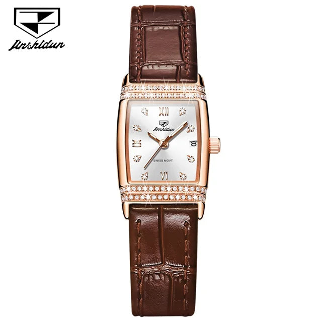 JSDUN Woman Watch Luxury Diamond Dial Comfortable Leather Watchband Fashion Square Rose Gold Quartz Wristwatches Montre Femme