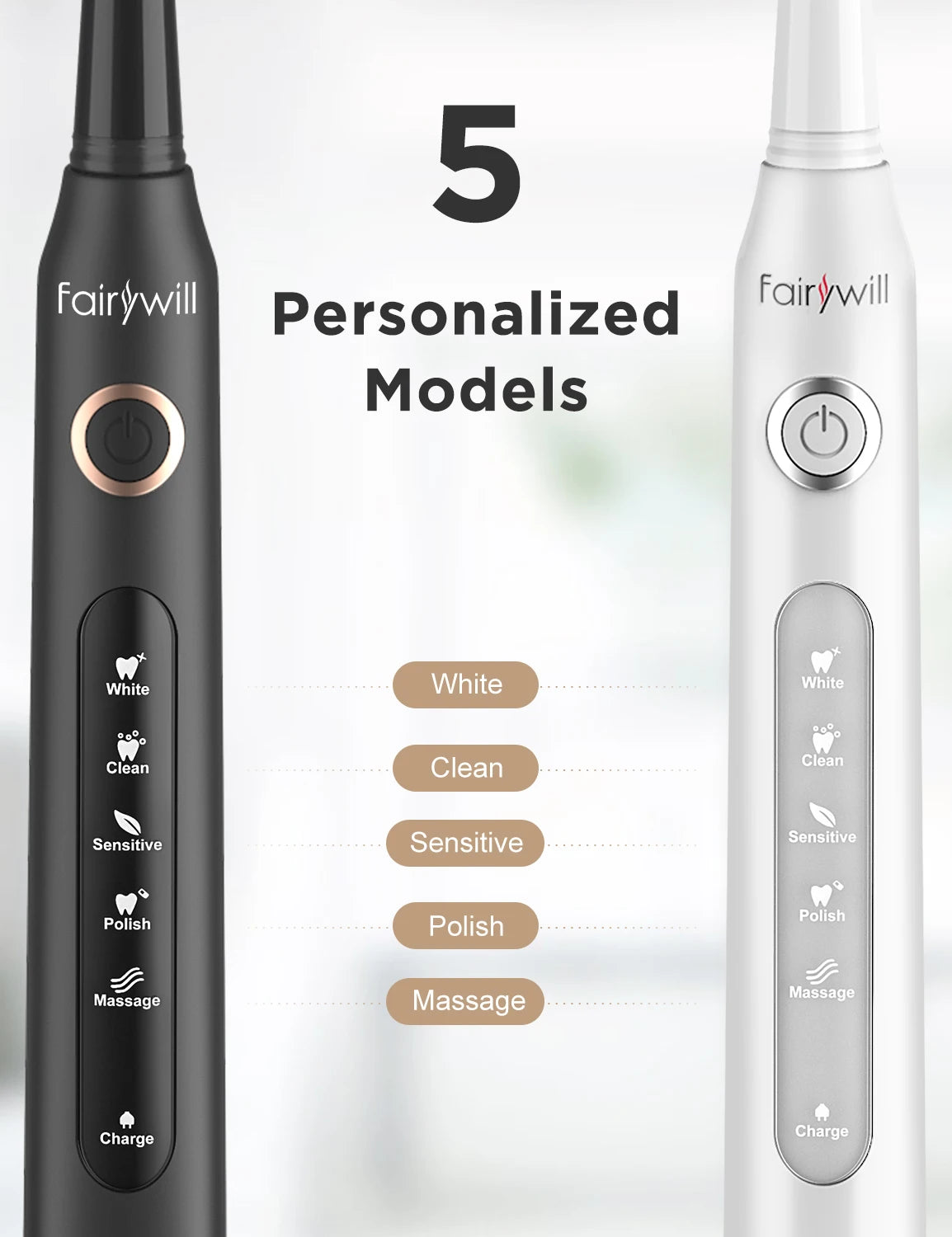 Fairywill Sonic Electric Toothbrush showcasing personalized modes including White, Clean, Sensitive, Polish, and Massage.
