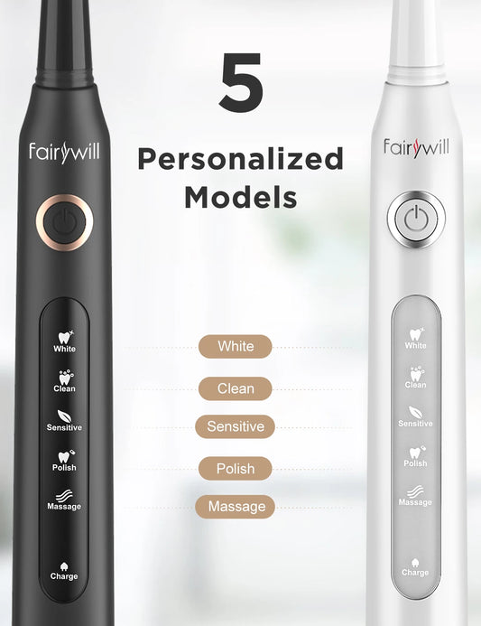 Fairywill Sonic Electric Toothbrush showcasing personalized modes including White, Clean, Sensitive, Polish, and Massage.