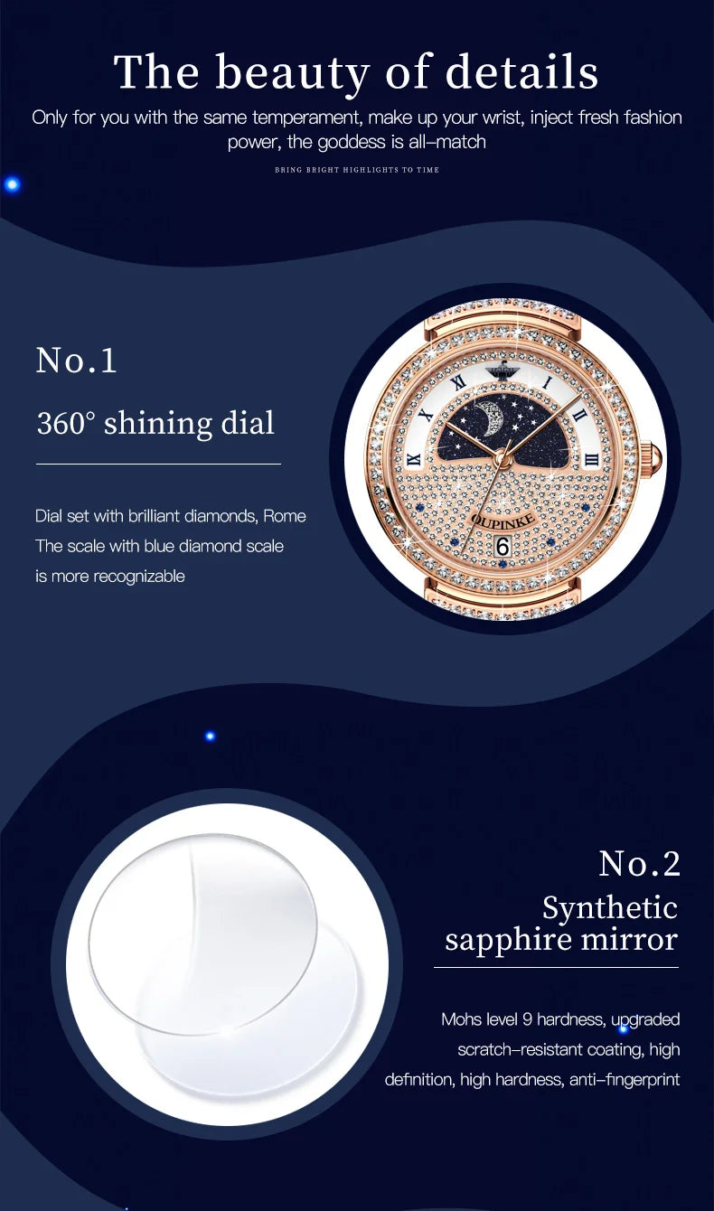 OUPINKE 3216 Woman Watch Waterproof Roman Scale Moon Phase Quartz Watch For Women Luxury Original Diamond Date Ladies Hand Clock