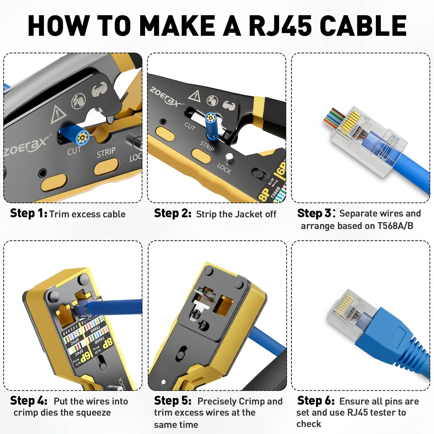 ZoeRax RJ45 CAT6 CAT5E Crimp Tool Kit,Crimp tool,Cable Tester,Wire Cutter and Stripper,Blade,50PCS Connectors and Boots