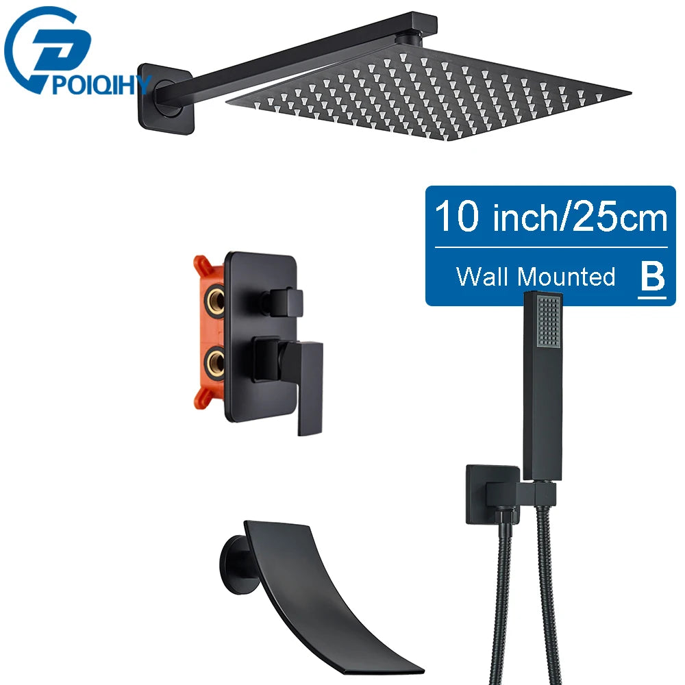 POIQIHY Embedded In Wall Shower Faucet Rainfall Stainless Steel 8/10/12/16" Shower Head Faucet Shower Tap Mixers Matte Black