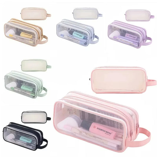 Transparent Mesh Pen Bag for Carrying Student Exam Supplies,Large Capacity Storage for Stationery,Simple Design Pen Case