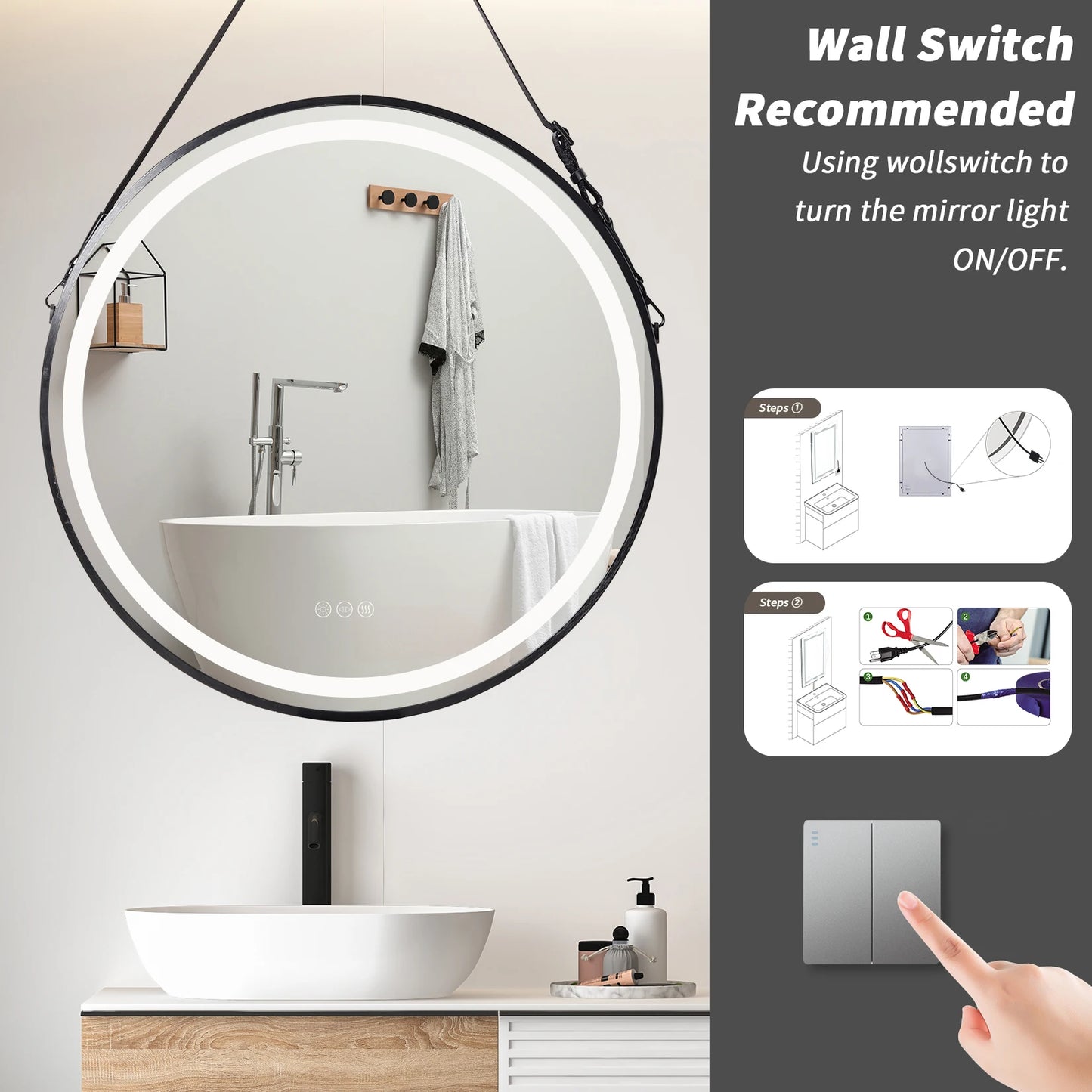 Frame Round Mirror,Round Bathroom Mirror with Light,Wall Mounted Lighted Vanity Mirror, Anti-Fog & Dimmable Touch Switch