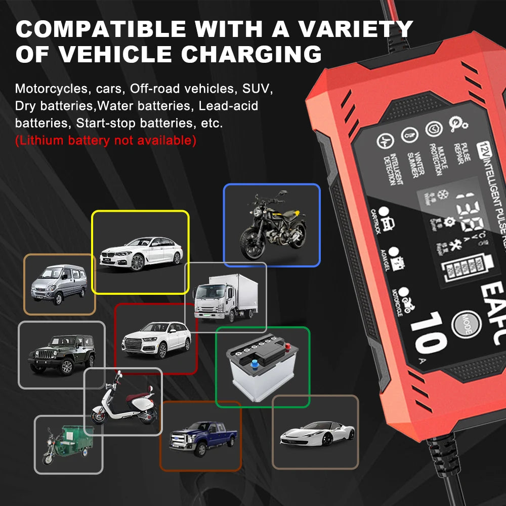 EAFC 12V 10A Car Battery Charger 6A Full Smart Charger Pulse Repair LCD Display Fast Charging Car Motorcycle AGM Gel Wet