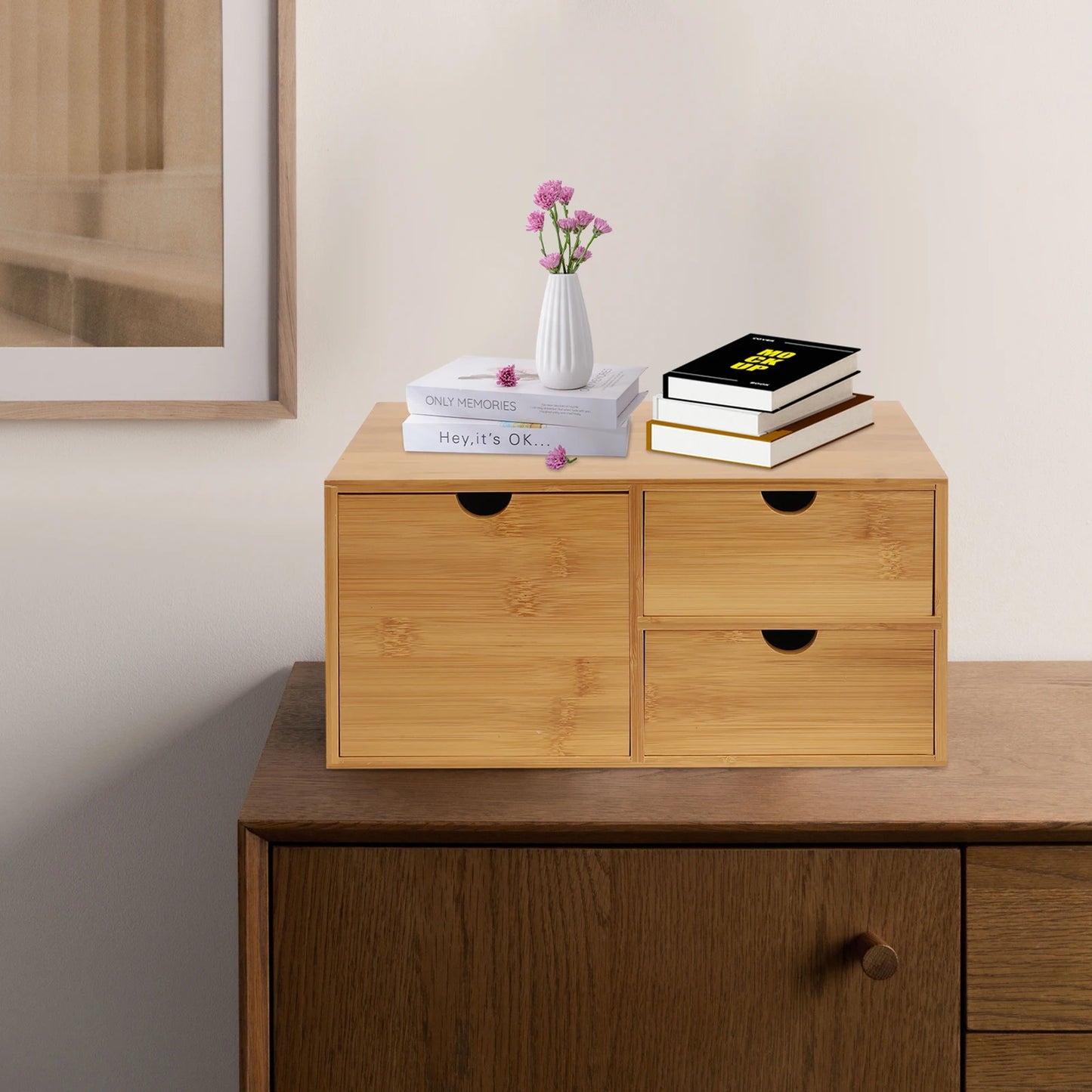 Bamboo Desk Drawer Organizer Tabletop Storage Cabinet Corner Desk Organizer W/3 Drawers for Home Office Supplies,33*19*16cm