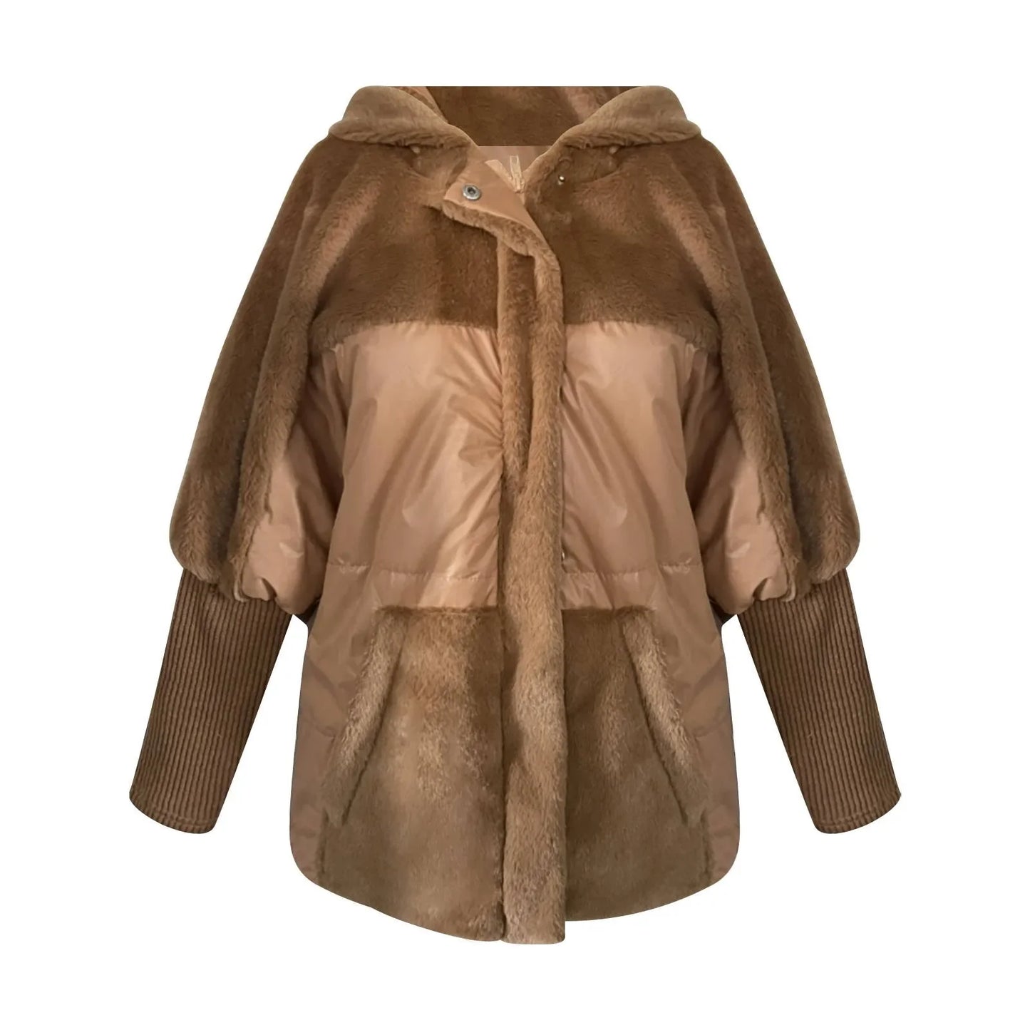 Women's Loose Cotton Coat Faux Fur Patchwork Winter Coat Comfort Chic Long Sleeve Hooded Jacket