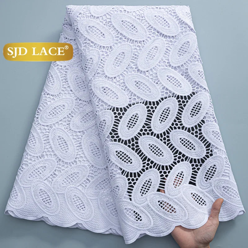 SJD LACE African Sequins Guipure Cord Lace Fabrics 5 Yards White 2026 New Nigerian Water Soluble Lace For Women Dresses Sew 4197