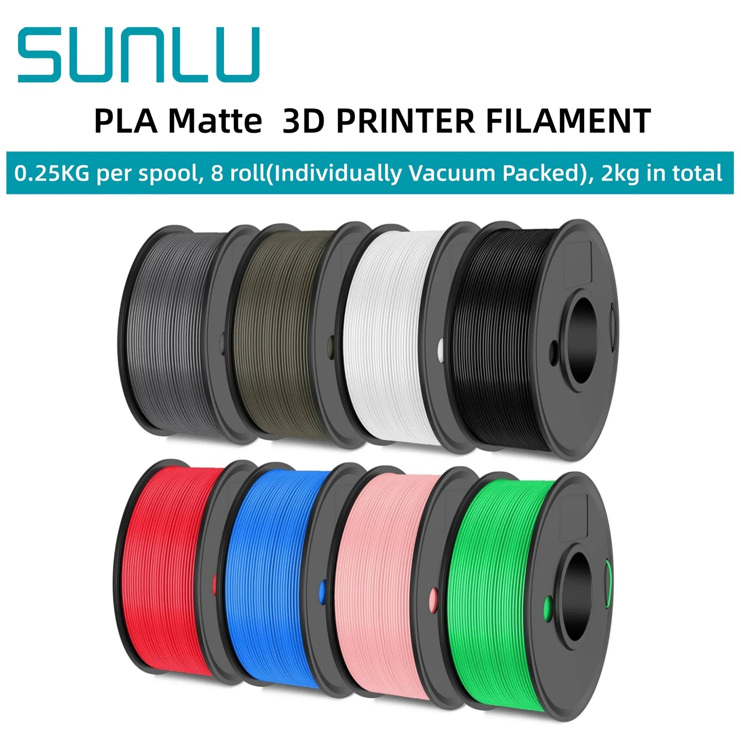 SUNLU PLA Matte 0.25kg/Roll 2KG 8 Rolls 3D Printer Fialment 8 Colors 100% Filament Lines Up Neatly For 3D Printing