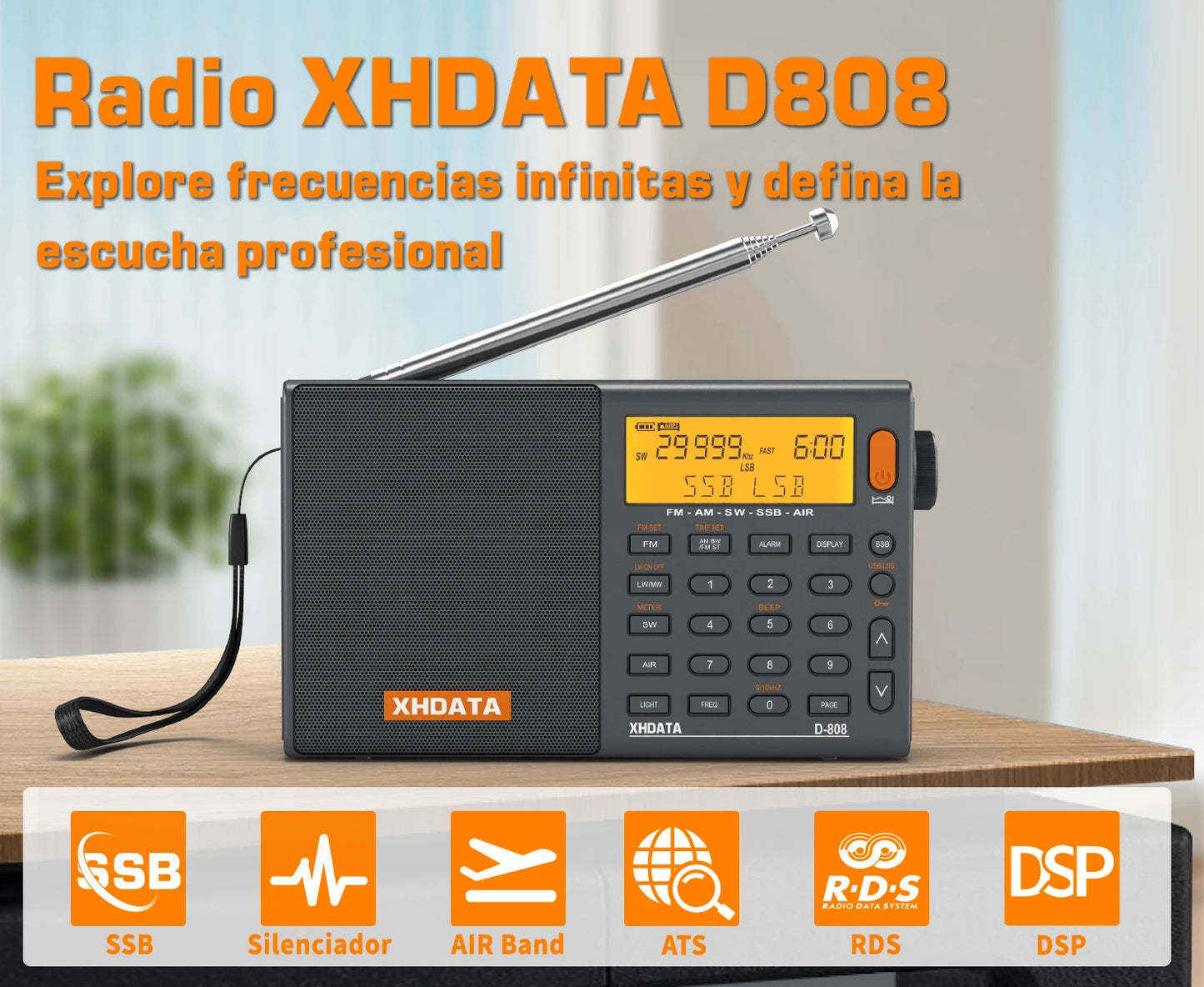 XHDATA D808 Professional AM FM SW MW AIR SSB RDS Radio Long Range Reception Portable Rechargeable Multiband Radio Stereo Sound
