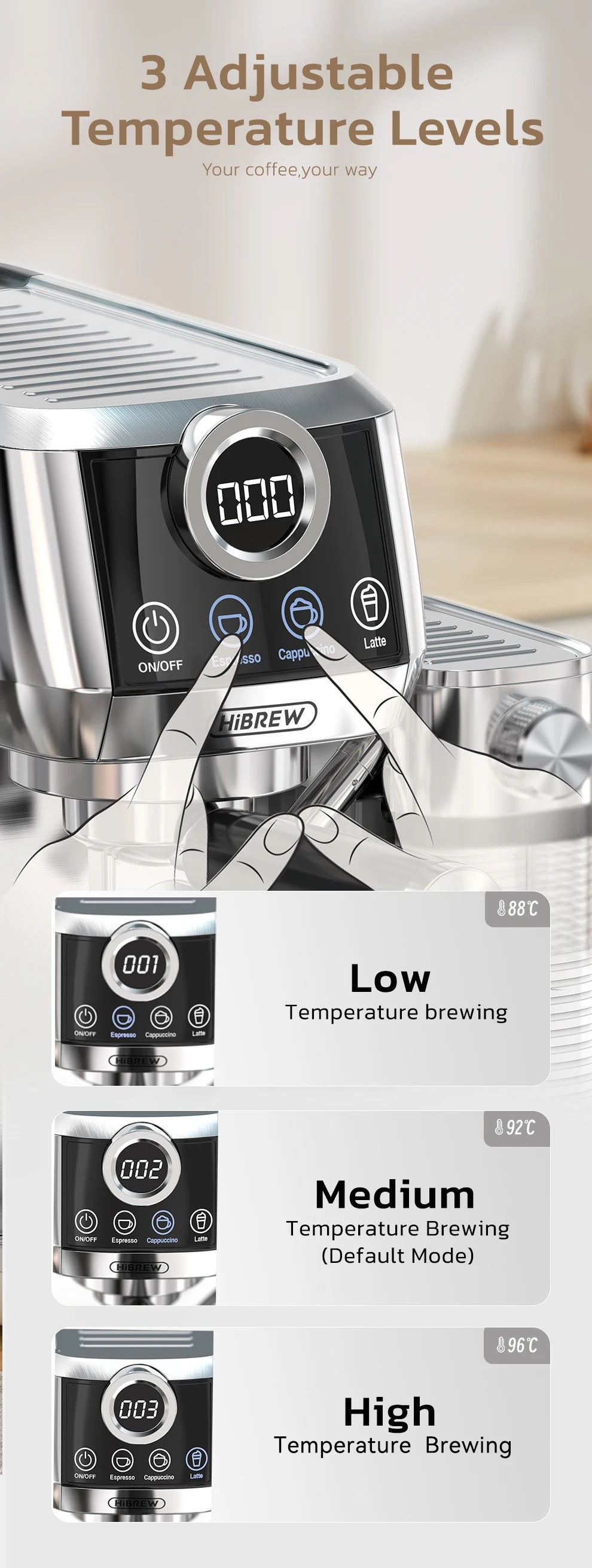 HiBREW  3 in 1 Semi Automatic Espresso Cappuccino Latte Coffee Machine Automatic Milk Froth Ground Coffee Stainless Steels H13A