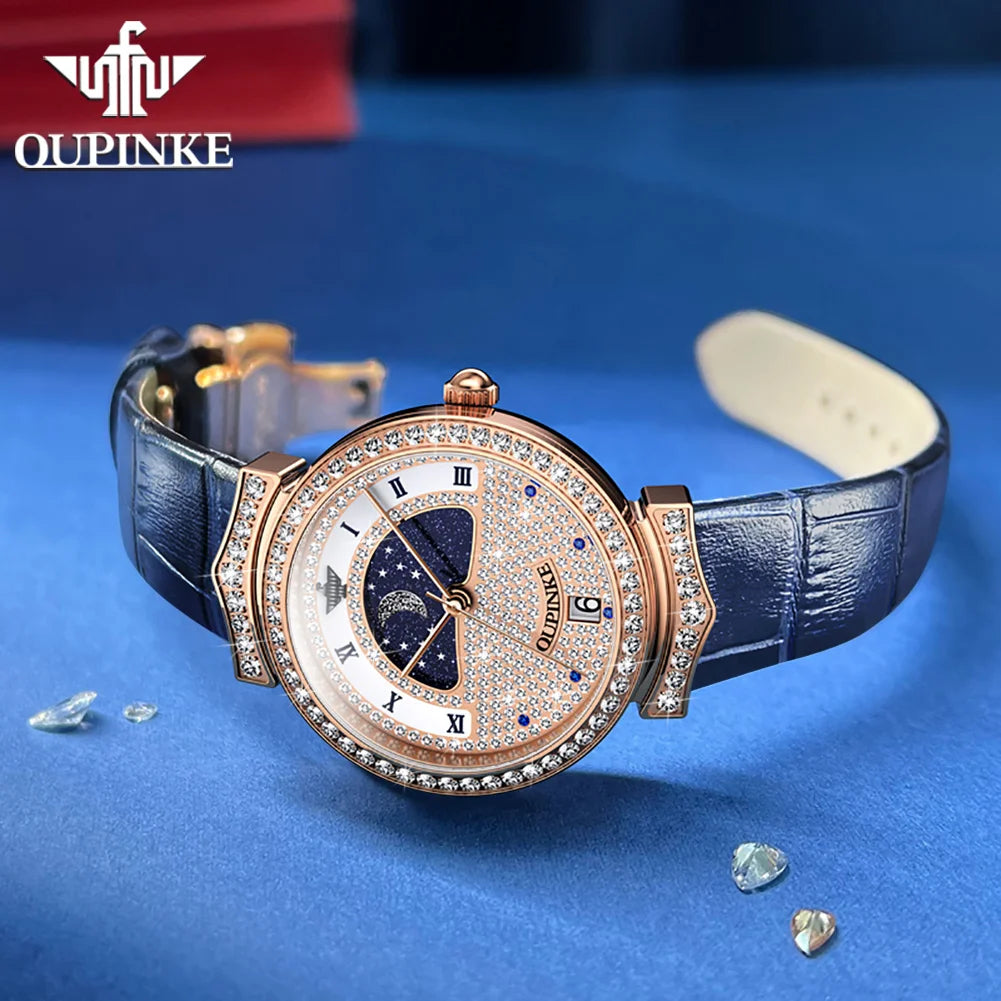 OUPINKE 3216 Woman Watch Waterproof Roman Scale Moon Phase Quartz Watch For Women Luxury Original Diamond Date Ladies Hand Clock
