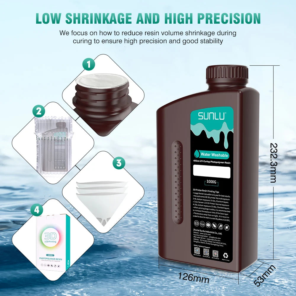 SUNLU 5KG Water Washable 3D Printer Resin 395-405nm 1kg 3D Resin Fast Curing 3D Resin for 2K 4K 8K LCD DLP SLA Resin 3D Printer