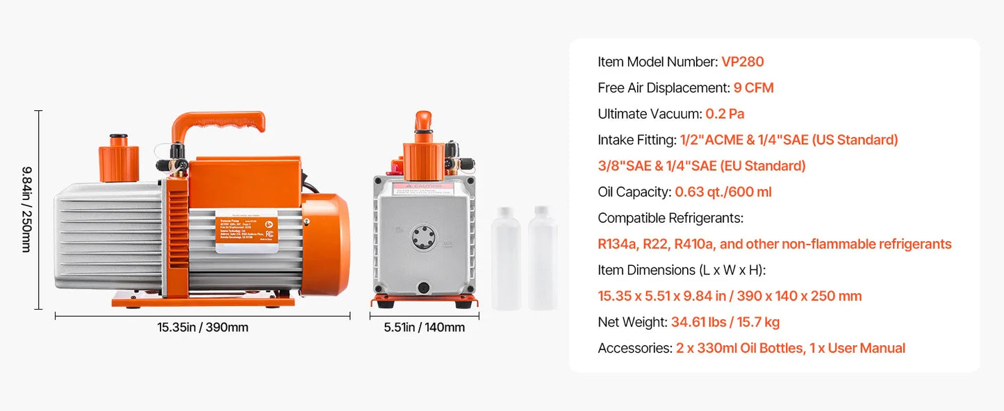 SucceBuy Vacuum Pump & Oil Bottle 3.5CFM/4CFM/5CFM 1-Stage or 6CFM 9CFM 2-Stage, R134a R22 R410a Systems Conditioner Maintenance