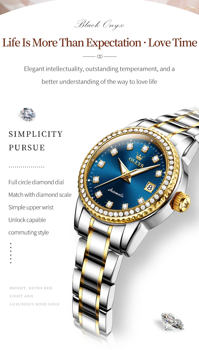 OLEVS Automatic Watch for Women Diamond Gold Luxury Stainless steel Elegant Original Women's Automatic Watch Necklace Gift Set