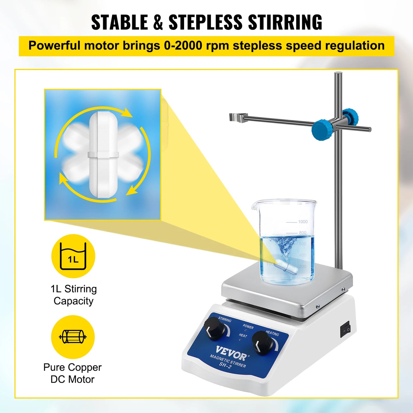 SucceBuy 1000ML Electric Magnetic Stirrer Hot Plate Vortex Mixer Shaker With Stir Bar Medical Bioloicgal Chemical Laboratory