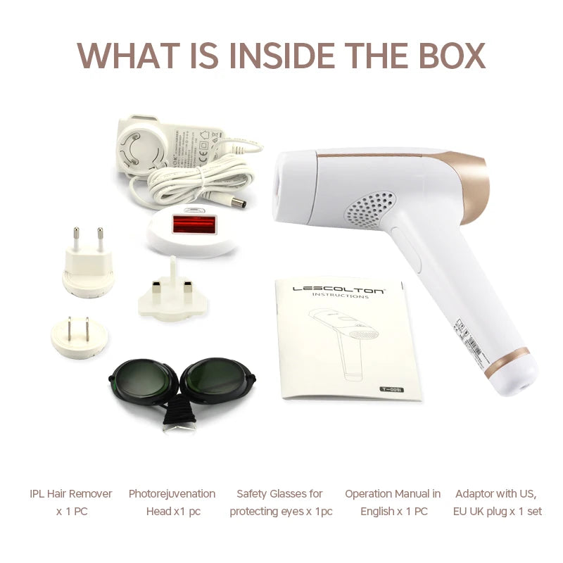 Lescolton IPL hair removal machine with LCD display, hair removal device featuring 700000 flashes and accessories. Lescolton IPL hair removal machine with LCD display, hair removal device featuring 700000 flashes and accessories.