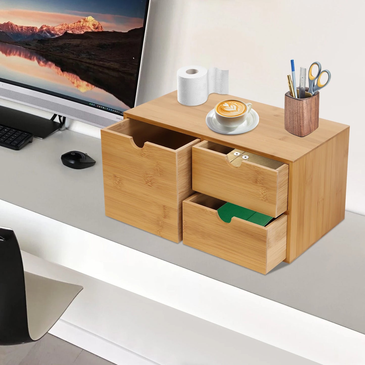 Bamboo Desk Drawer Organizer Tabletop Storage Cabinet Corner Desk Organizer W/3 Drawers for Home Office Supplies,33*19*16cm