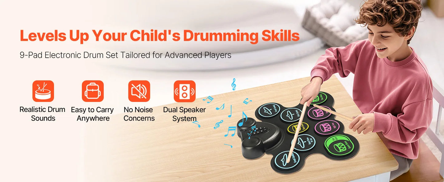 SucceBuy Electric Drum Set 7-Pad / 9-Pad Roll-up Drum Practice Pad Electronic Drumset Portable Instrument Toy for Kids Ages 3+