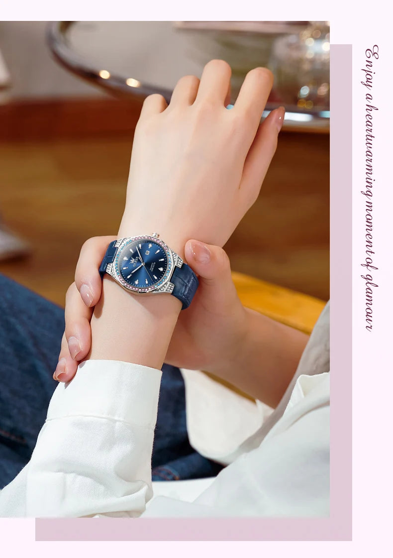 OLEVS Original Women's Watches Diamond Lap Fashion Leather Strap 3m Waterproof Luminous Ladies Wristwatch Quartz Watch for Women
