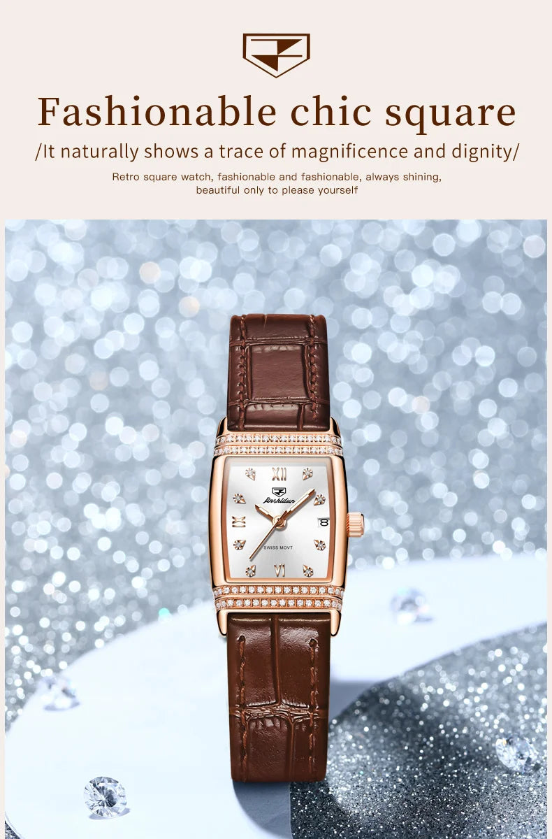 JSDUN Woman Watch Luxury Diamond Dial Comfortable Leather Watchband Fashion Square Rose Gold Quartz Wristwatches Montre Femme