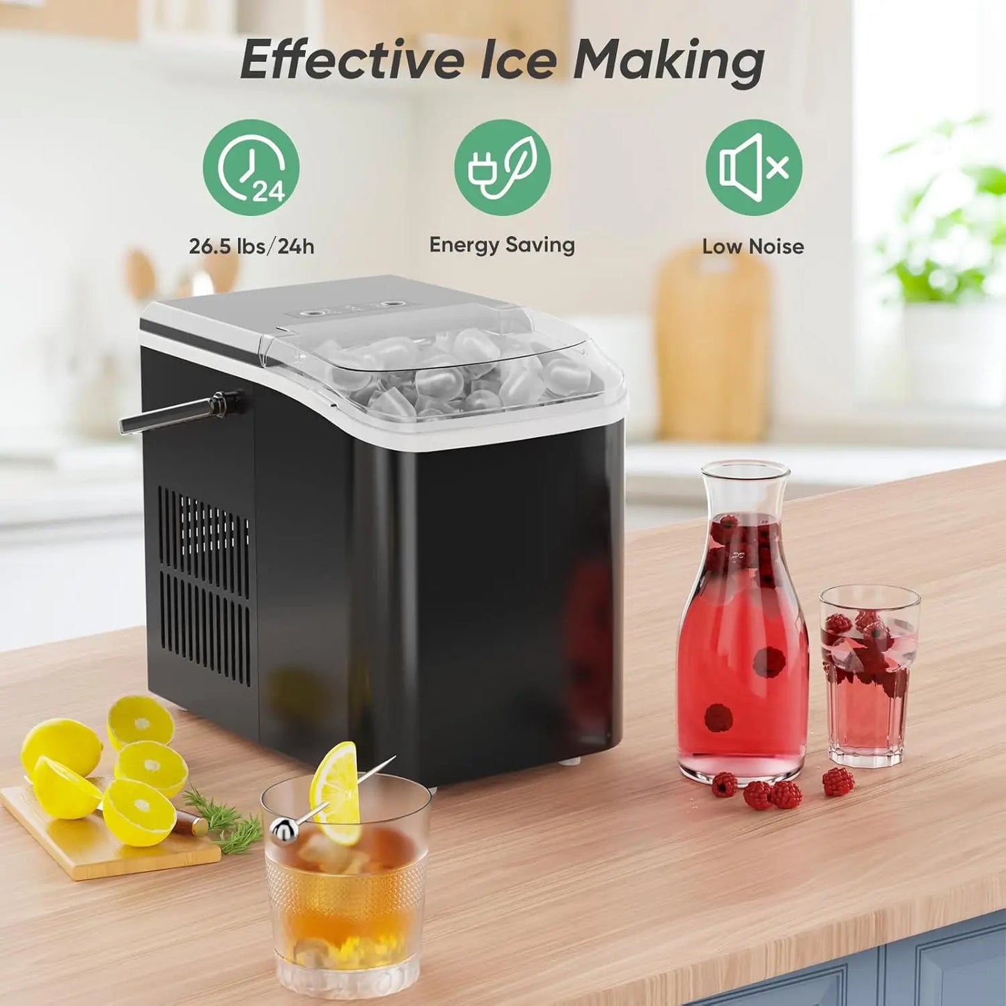 Portable Ice Maker, 26lbs/24H, 9 Cubes in 6 Mins, Self-Cleaning & Quiet for Home, Kitchen, RV, Camping