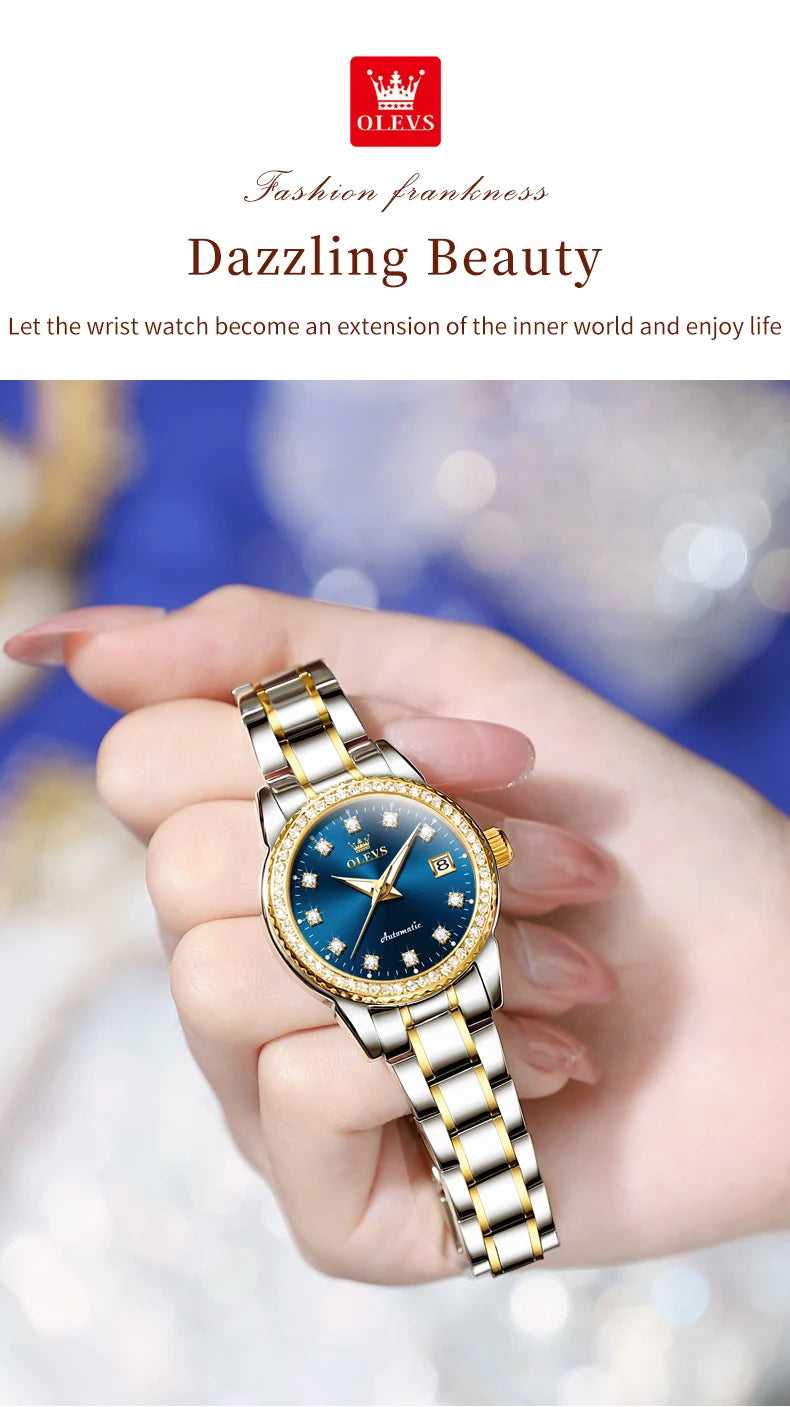 OLEVS Automatic Watch for Women Diamond Gold Luxury Stainless steel Elegant Original Women's Automatic Watch Necklace Gift Set