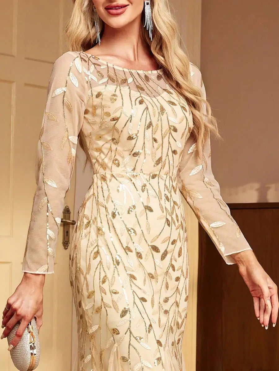 Elegant Gold Sequin Embroidered Mesh Mermaid Evening Dress for Prom Wedding Guest