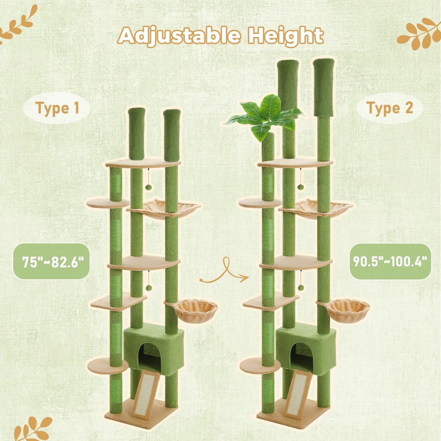 Floor to Ceiling Cat Tree with Sisal Scratching Posts Cozy Condo Hammock Adjustable Height Tall Cat Tower for Indoor Cat Toys