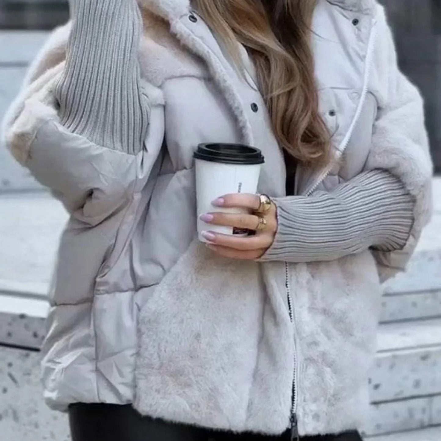 Women's Loose Cotton Coat Faux Fur Patchwork Winter Coat Comfort Chic Long Sleeve Hooded Jacket