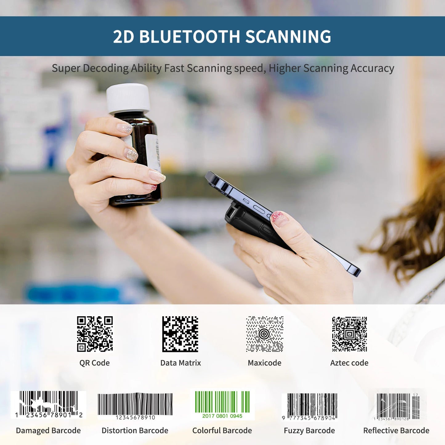 NETUM E800 Bluetooth 2D Barcode Scanner Pocket Wireless QR Reader Data Matrix PDF417 IOS Android Windows