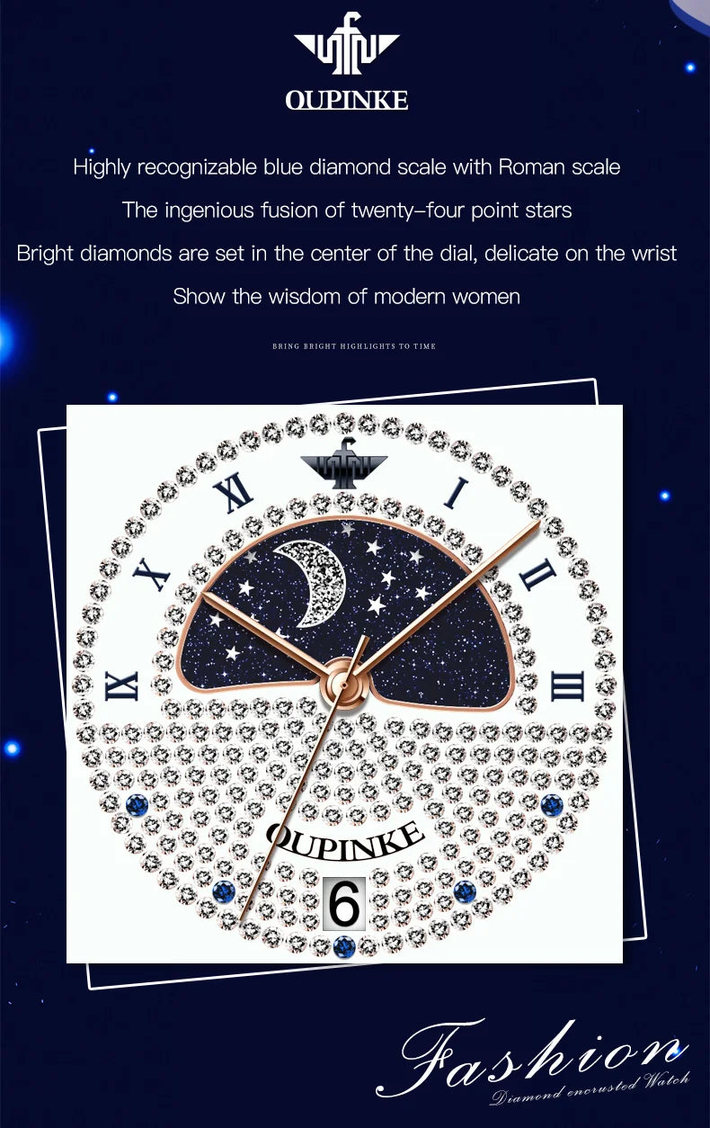 OUPINKE 3216 Woman Watch Waterproof Roman Scale Moon Phase Quartz Watch For Women Luxury Original Diamond Date Ladies Hand Clock