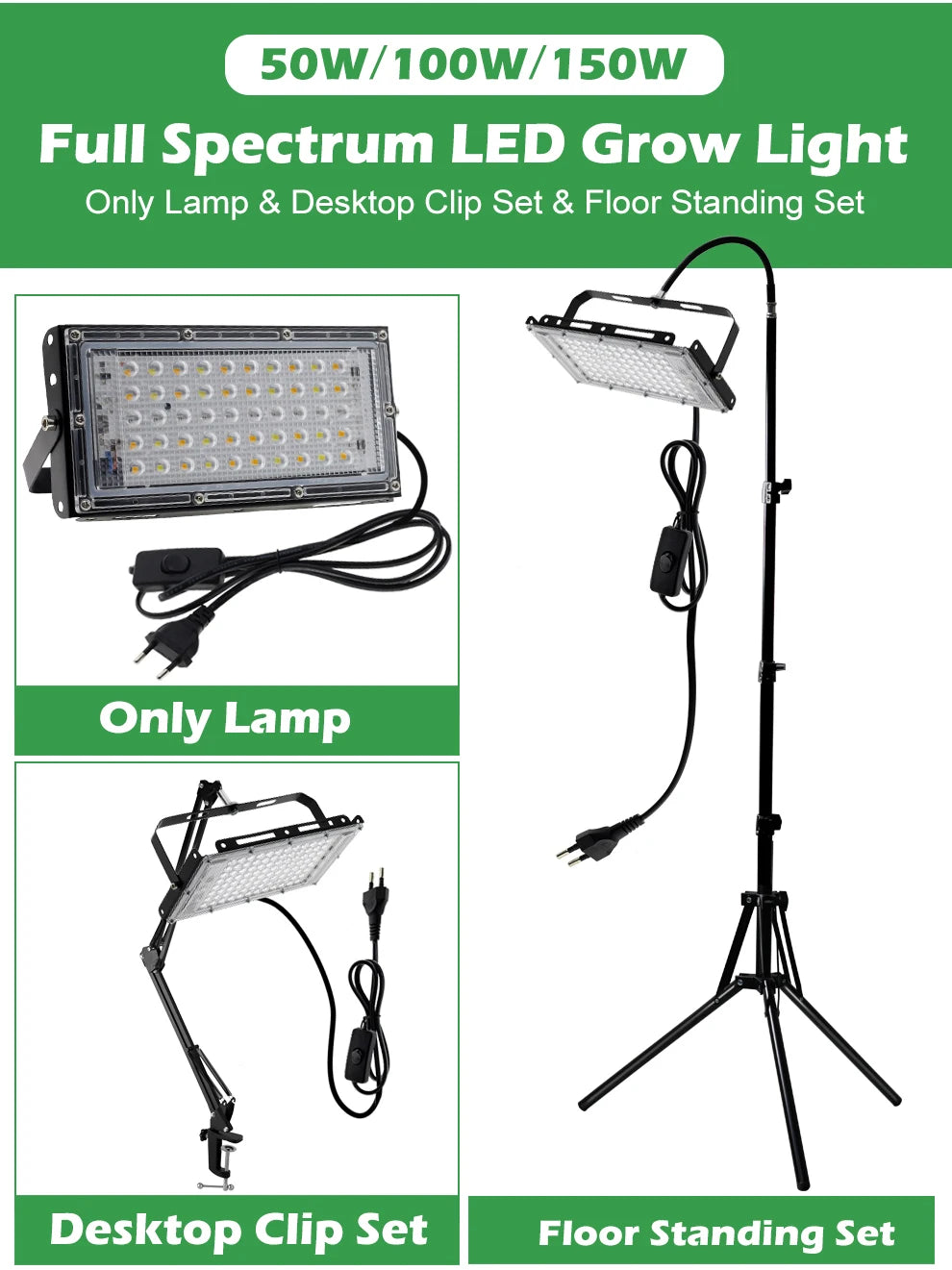 50W 100W 150W LED Grow Light With Stand Full Spectrum Sunlike LED Phyto Lamp For Indoor Greenhouse Plant Growth Lighting