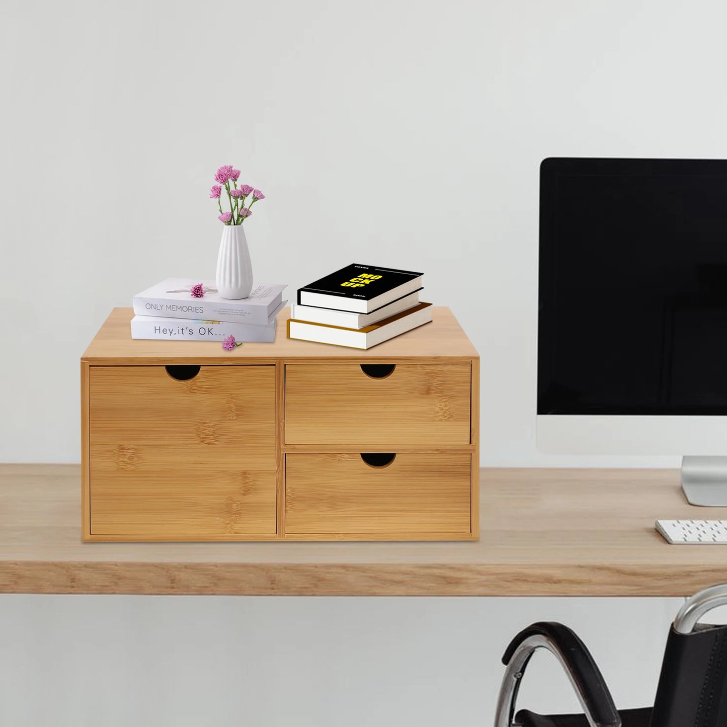 Bamboo Desk Drawer Organizer Tabletop Storage Cabinet Corner Desk Organizer W/3 Drawers for Home Office Supplies,33*19*16cm