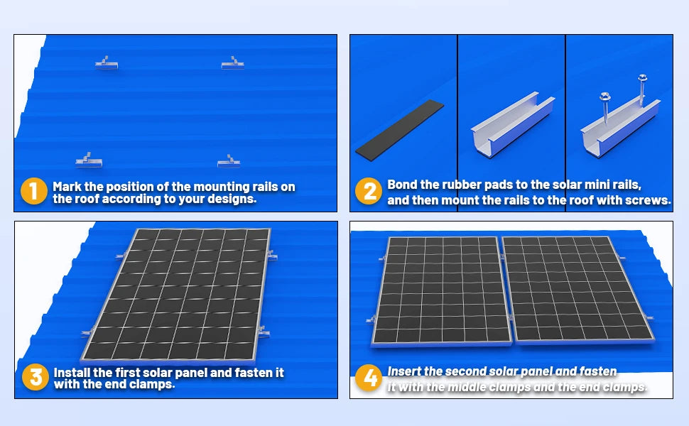 Solar Panel Mount Bracket Kit with 4.72IN/120mm Mini Rails, Middle Clamps, End Clamps and Rubber Pads for Shingle, Slate, Wood
